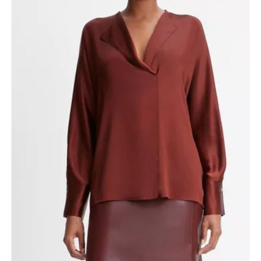 NWT Vince Dark Brown Silk Long Sleeve V-Neck Blouse S Quiet Luxury Old Money Y2K